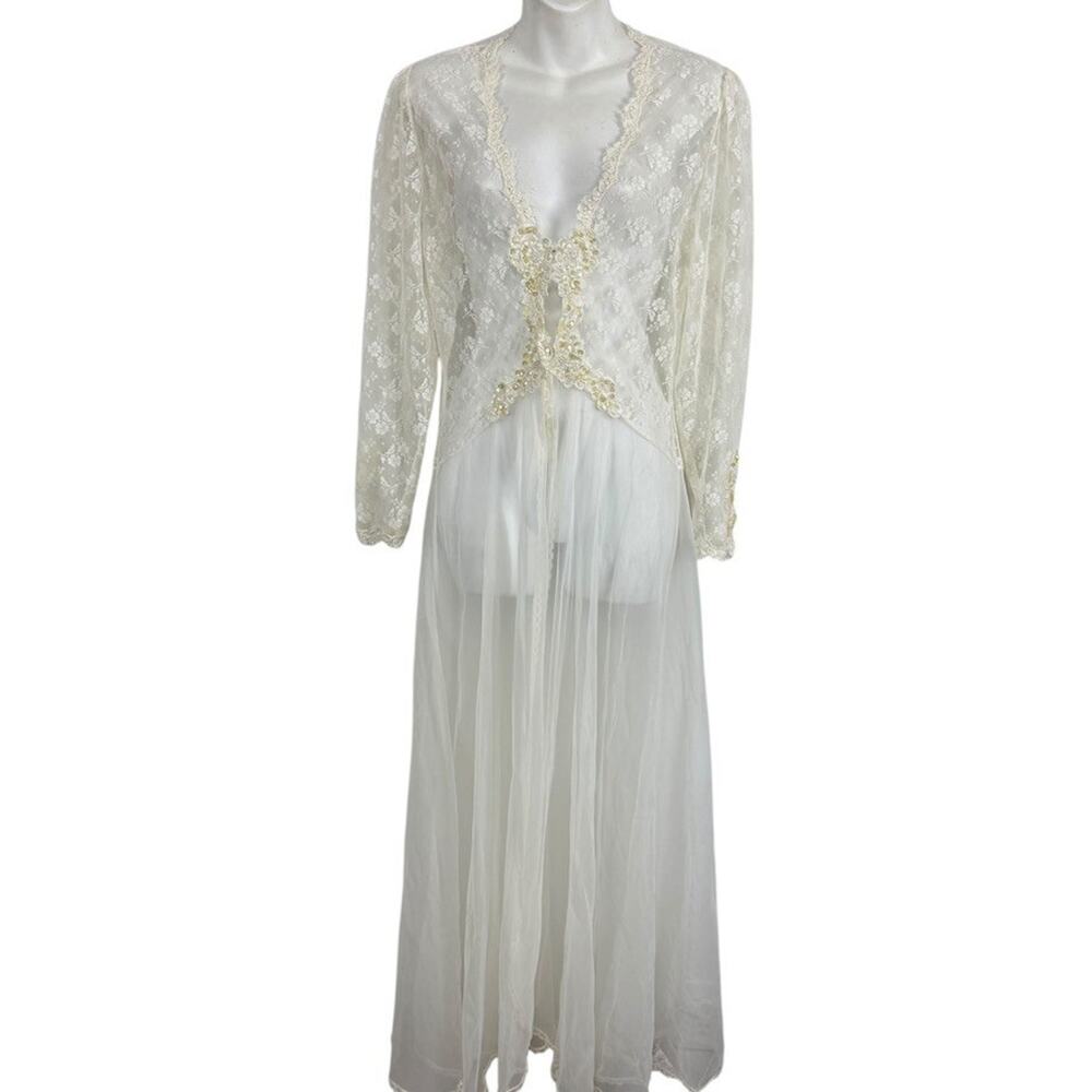 Victorias Secret Vintage Gold Label Lace Sheer Long Robe Beaded Sequin sz Small
